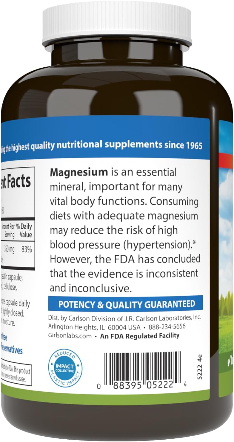 Carlson Magnesium Capsules - 350 mg for Cardiovascular, Muscles, and Nerve Health - 180 Count