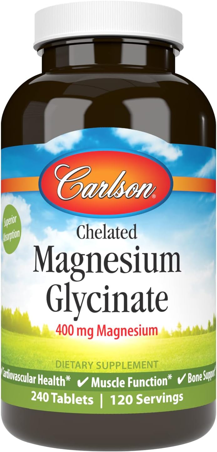 Carlson Magnesium Glycinate 200mg Tablets for Heart Health, Muscle Function, Bone Support - 240 Count