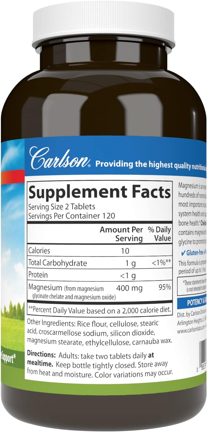 Carlson Magnesium Glycinate 200mg Tablets for Heart Health, Muscle Function, Bone Support - 240 Count