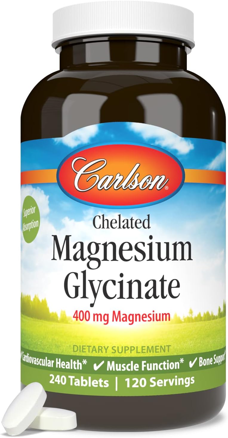 Carlson Magnesium Glycinate 200mg Tablets for Heart Health, Muscle Function, Bone Support - 240 Count