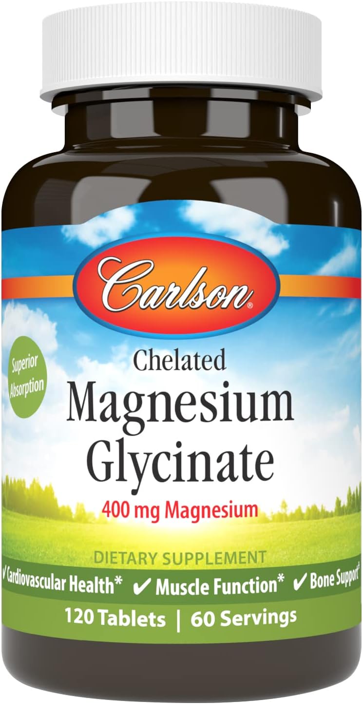 Carlson Magnesium Glycinate Tablets - 200mg for Heart, Muscle, Bone Health - 120 Count