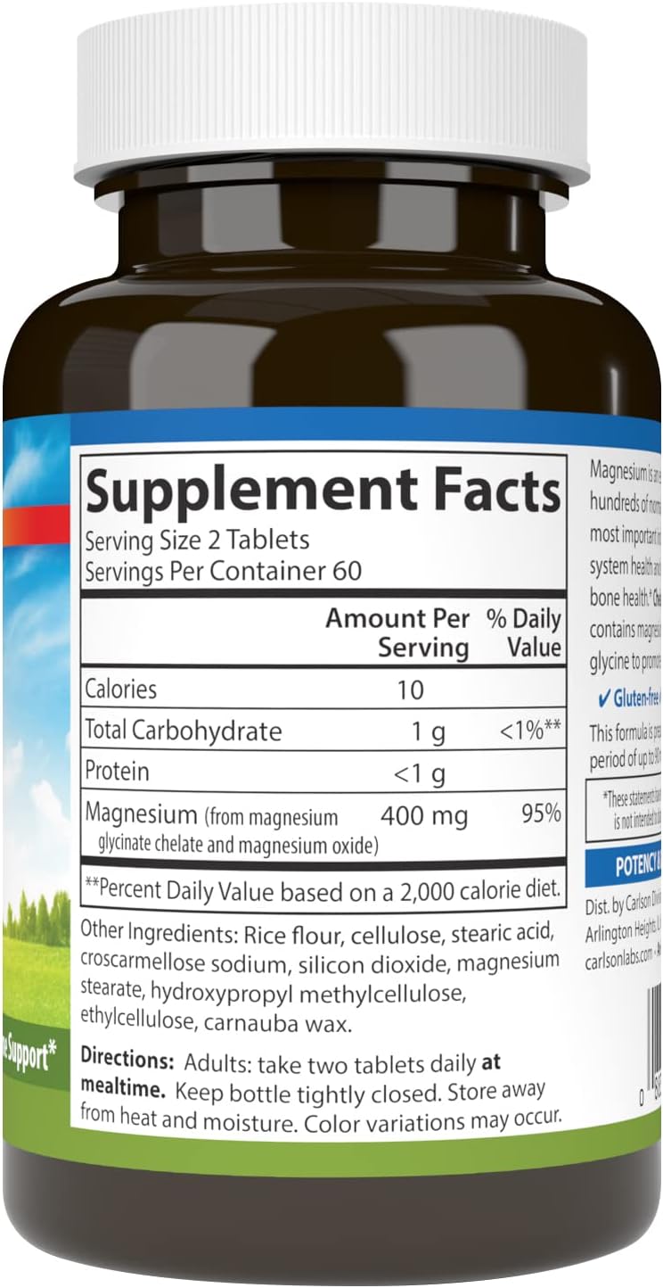 Carlson Magnesium Glycinate Tablets - 200mg for Heart, Muscle, Bone Health - 120 Count