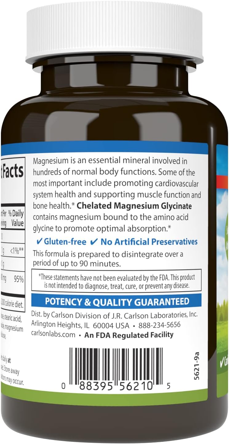 Carlson Magnesium Glycinate Tablets - 200mg for Heart, Muscle, Bone Health - 120 Count