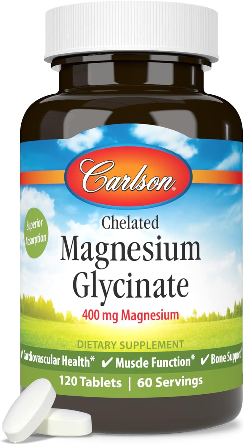 Carlson Magnesium Glycinate Tablets - 200mg for Heart, Muscle, Bone Health - 120 Count