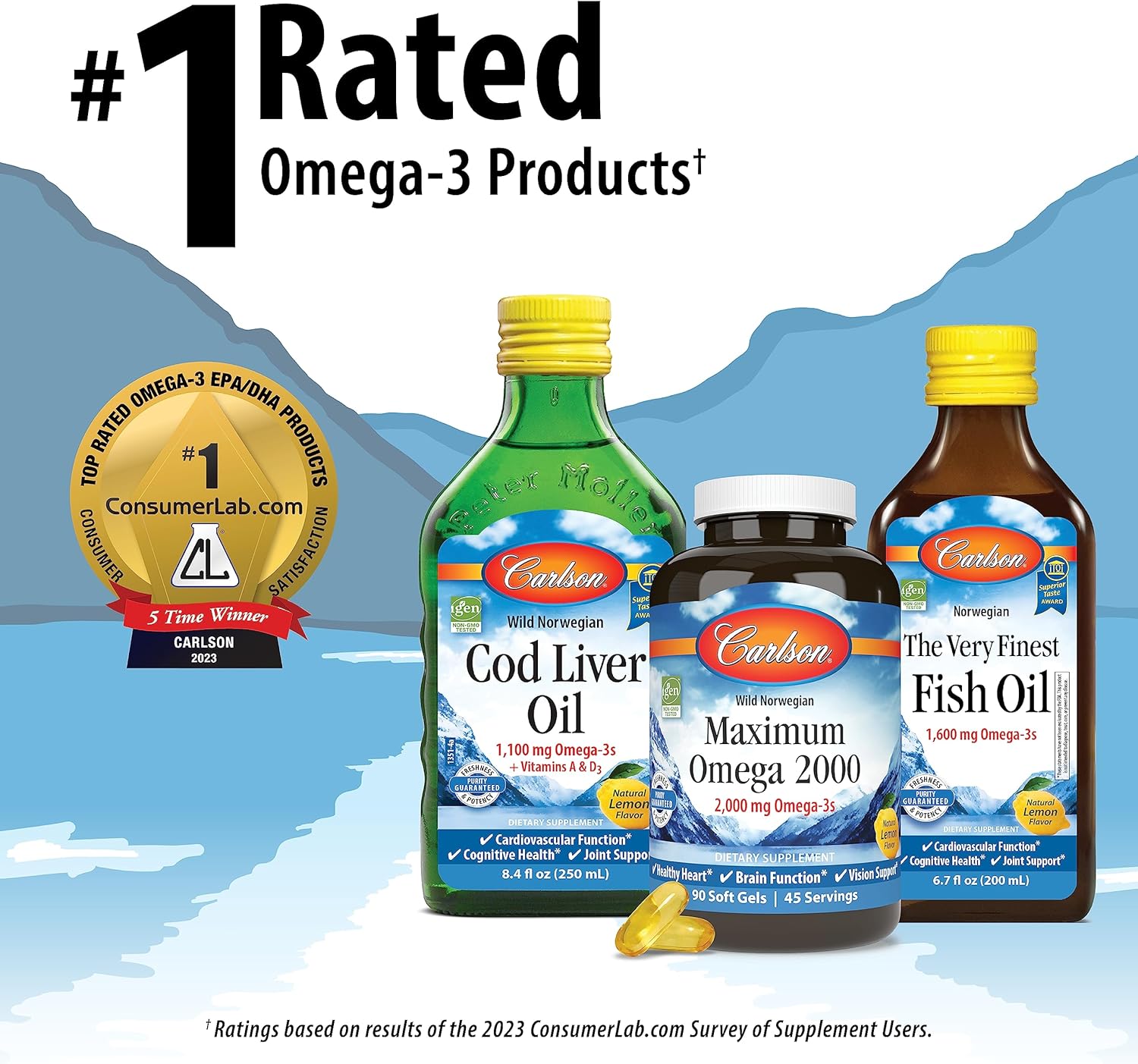 Carlson Maximum Omega 2000: 2000mg EPA & DHA, Wild-Caught Norwegian Fish Oil, Sustainably Sourced, Lemon Softgels - 60 Count