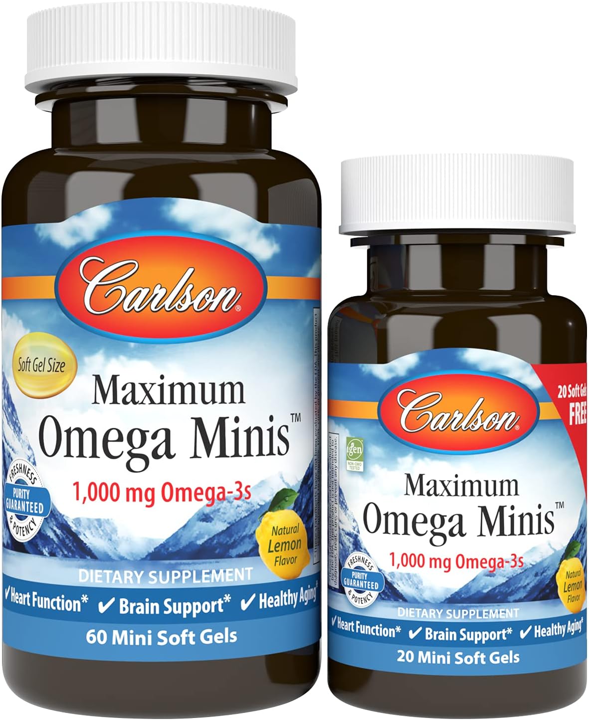Carlson Maximum Omega Minis 1000 mg Omega-3s Lemon Softgels for Heart, Brain, and Aging 80 Count