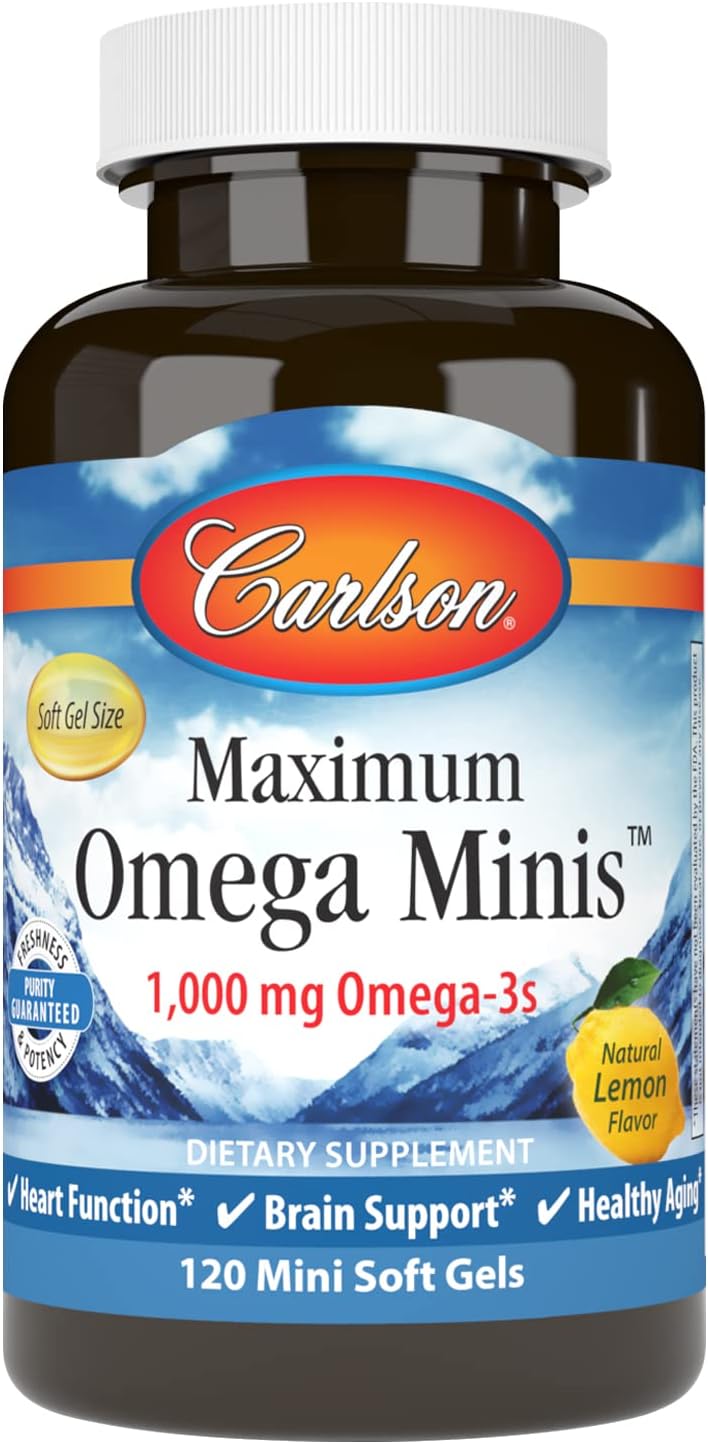 Carlson Maximum Omega Minis, 1000 mg Omega-3s, Lemon Softgels, Heart & Brain Support, Healthy Aging - 120 Count
