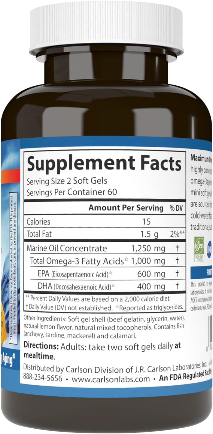 Carlson Maximum Omega Minis, 1000 mg Omega-3s, Lemon Softgels, Heart & Brain Support, Healthy Aging - 120 Count
