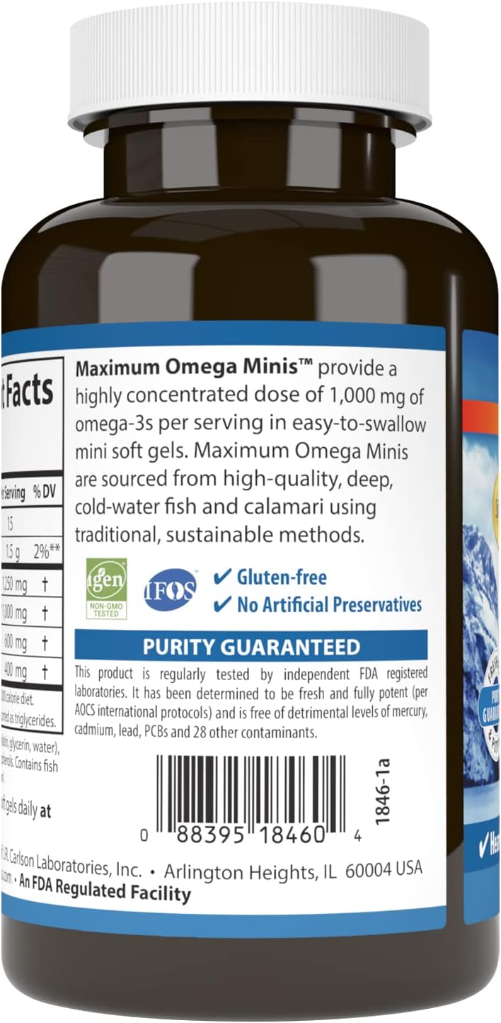 Carlson Maximum Omega Minis, 1000 mg Omega-3s, Lemon Softgels, Heart & Brain Support, Healthy Aging - 120 Count