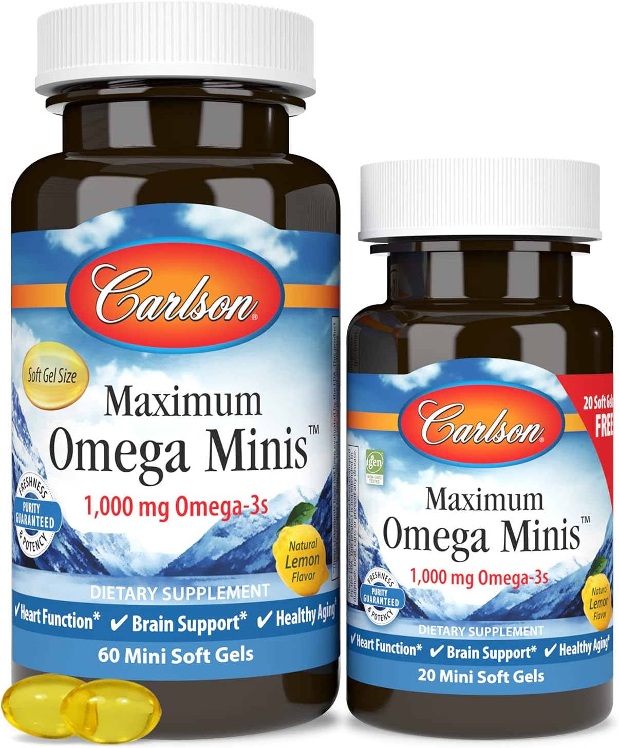 Carlson Maximum Omega Minis 1000 mg Omega-3s Lemon Softgels for Heart, Brain, and Aging 80 Count