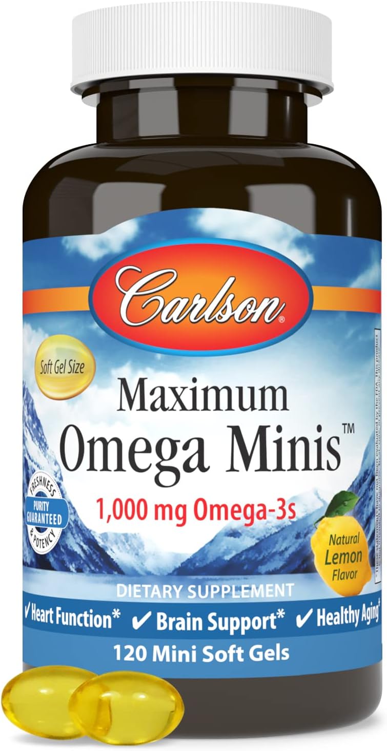 Carlson Maximum Omega Minis, 1000 mg Omega-3s, Lemon Softgels, Heart & Brain Support, Healthy Aging - 120 Count