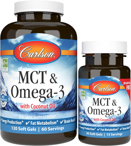 Carlson MCT & Omega-3 Softgels with Coconut Oil for Energy & Brain Health, EPA & DHA, Fat Metabolism, 150 Count - BoostGo Australia