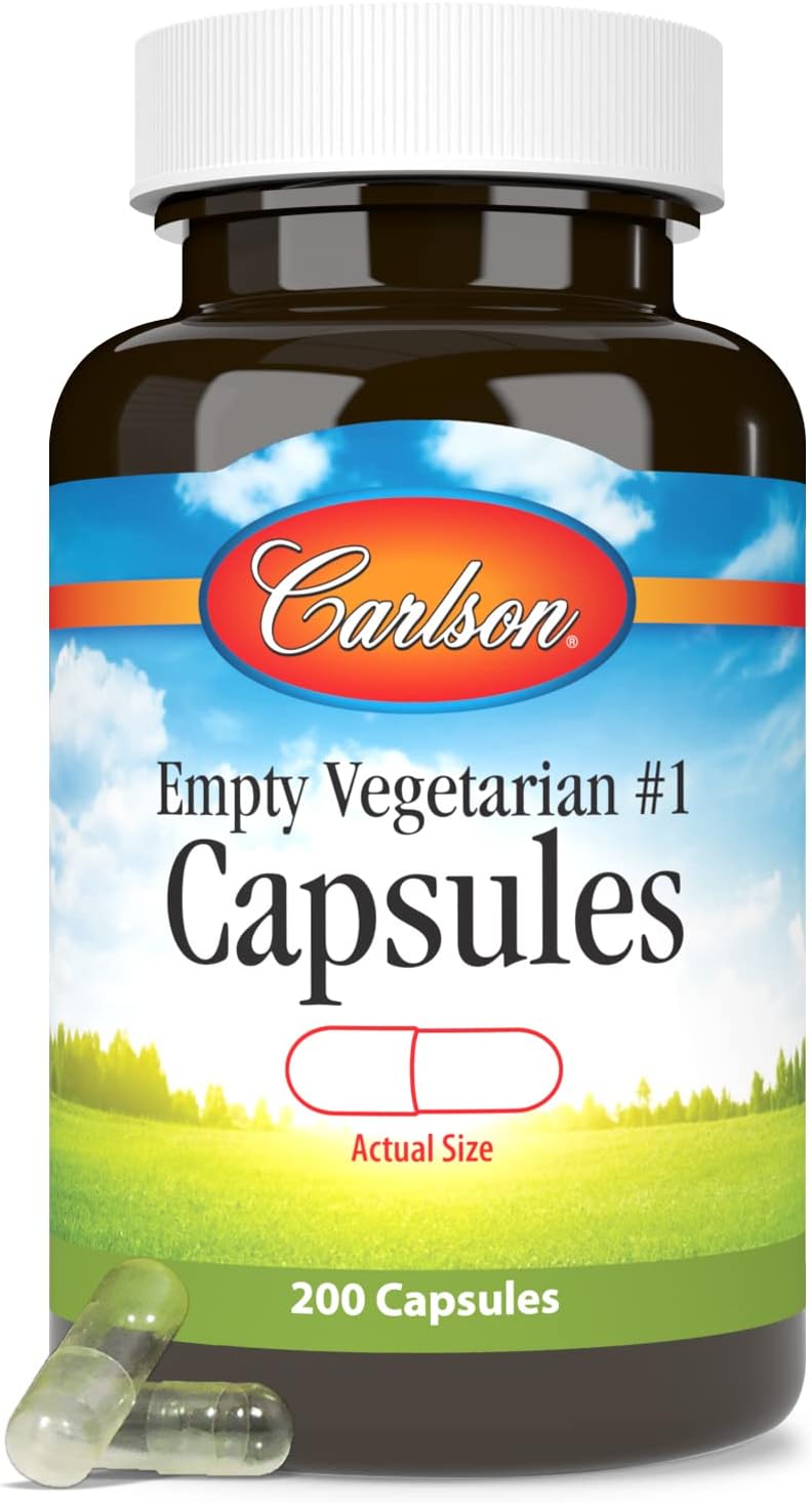 Carlson Medium-Small Vegetarian Empty Capsules with Screw Cap Bottle - Pack of 200