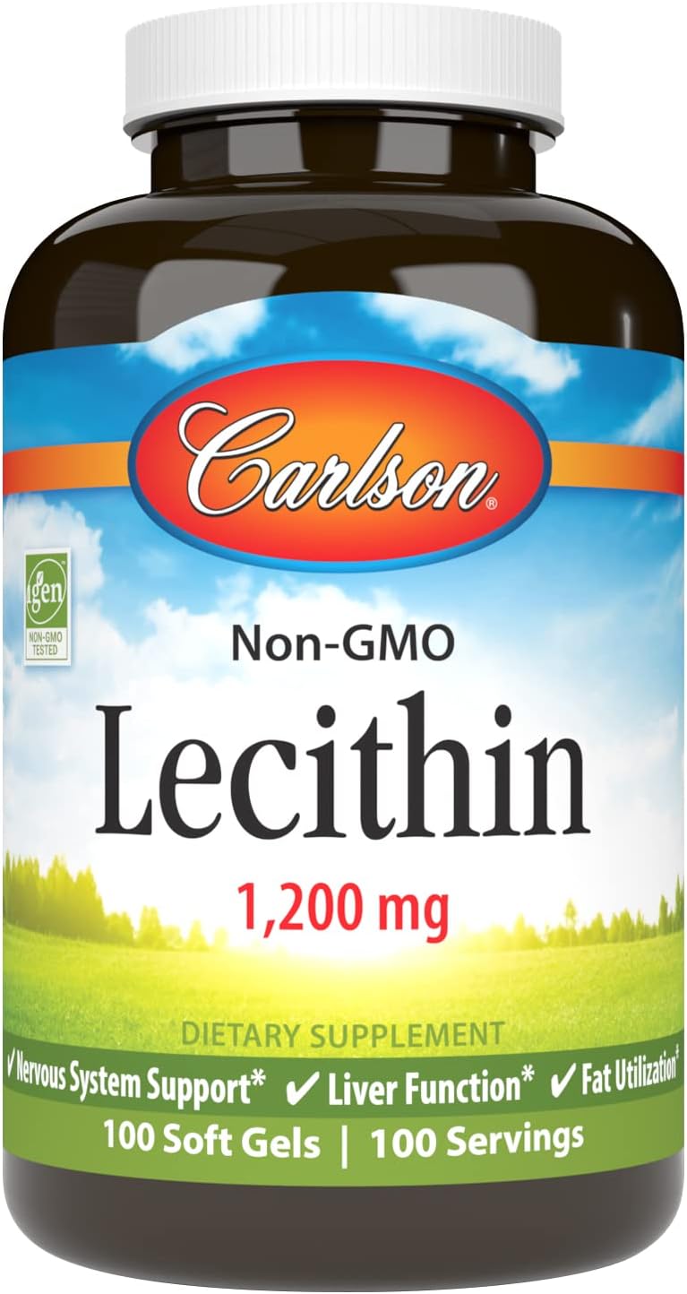 Carlson Non-GMO Lecithin Softgels - 1200 mg for Nervous System & Liver Function - Unbleached Soy - 100 Count