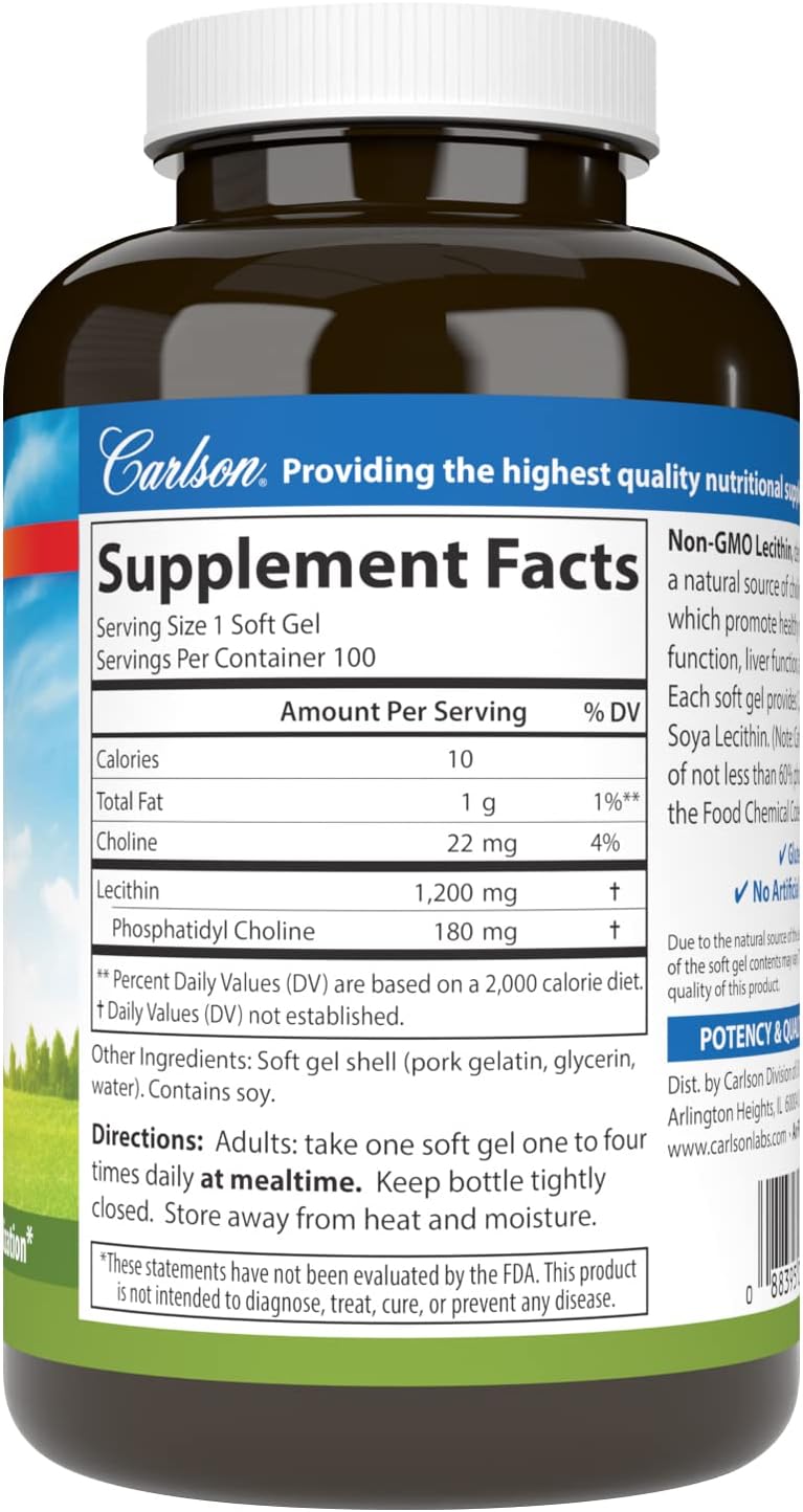Carlson Non-GMO Lecithin Softgels - 1200 mg for Nervous System & Liver Function - Unbleached Soy - 100 Count
