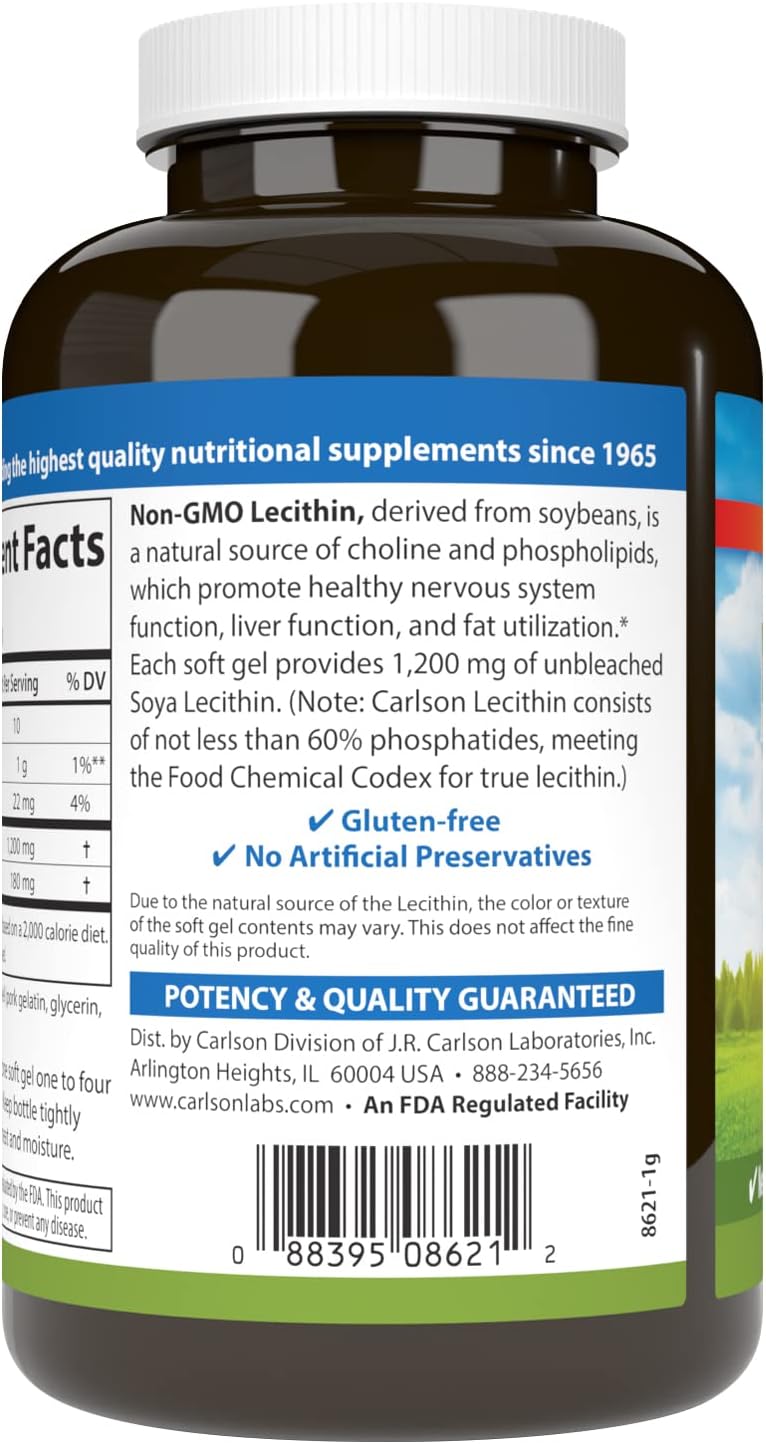 Carlson Non-GMO Lecithin Softgels - 1200 mg for Nervous System & Liver Function - Unbleached Soy - 100 Count