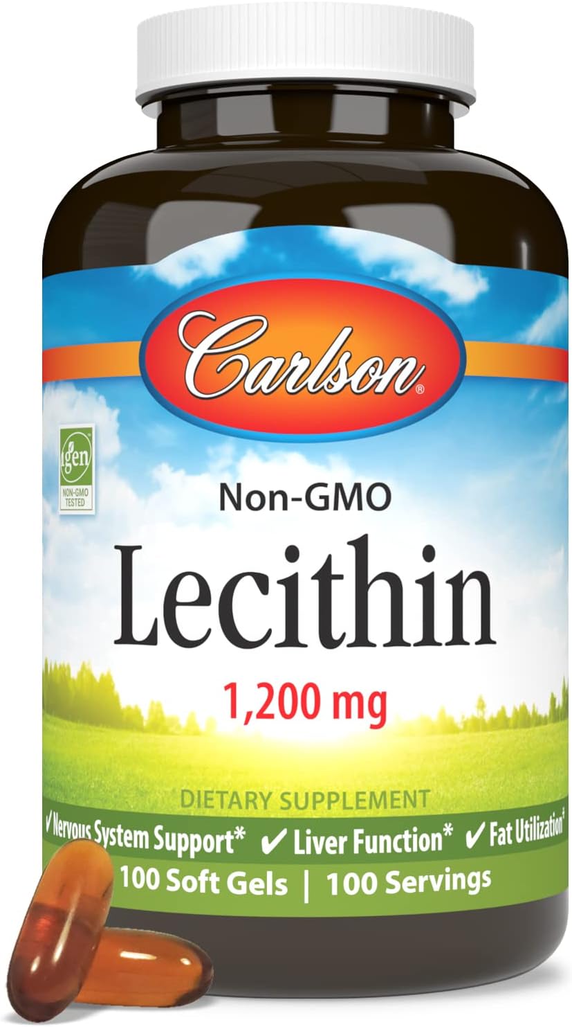 Carlson Non-GMO Lecithin Softgels - 1200 mg for Nervous System & Liver Function - Unbleached Soy - 100 Count