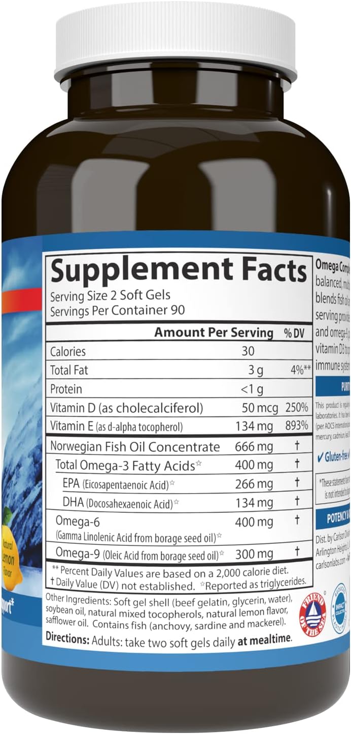 Carlson Omega Complete Gems Softgels - Omega-3-6-9 for Heart, Joint, and Immune Support - Wild Caught and Sustainably Sourced - 180 Count