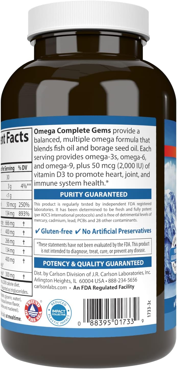 Carlson Omega Complete Gems Softgels - Omega-3-6-9 for Heart, Joint, and Immune Support - Wild Caught and Sustainably Sourced - 180 Count