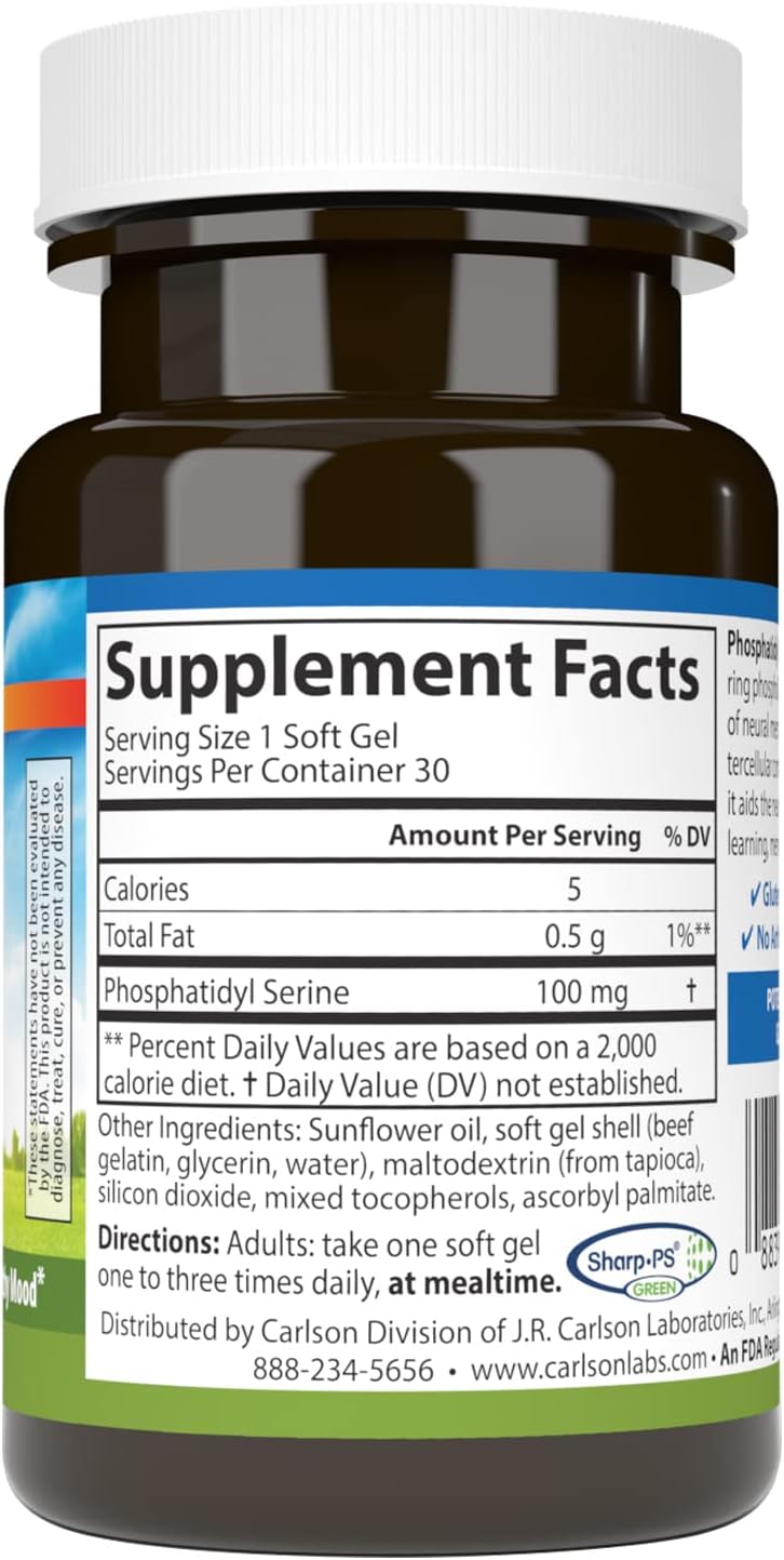 Carlson Phosphatidyl Serine Softgels - 100mg, Non-GMO Formula for Brain Function, 30 Count
