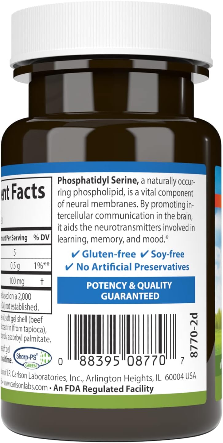 Carlson Phosphatidyl Serine Softgels - 100mg, Non-GMO Formula for Brain Function, 30 Count
