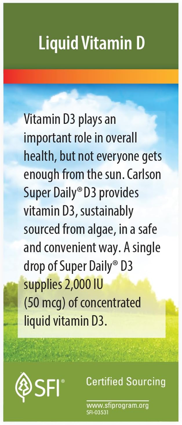 Carlson Plant-Based Liquid Vitamin D3 Drops, 2000 IU (50 mcg) per Drop, Algae Sourced, Unflavored, 90 Drops