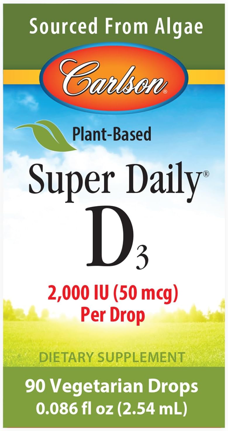 Carlson Plant-Based Liquid Vitamin D3 Drops, 2000 IU (50 mcg) per Drop, Algae Sourced, Unflavored, 90 Drops