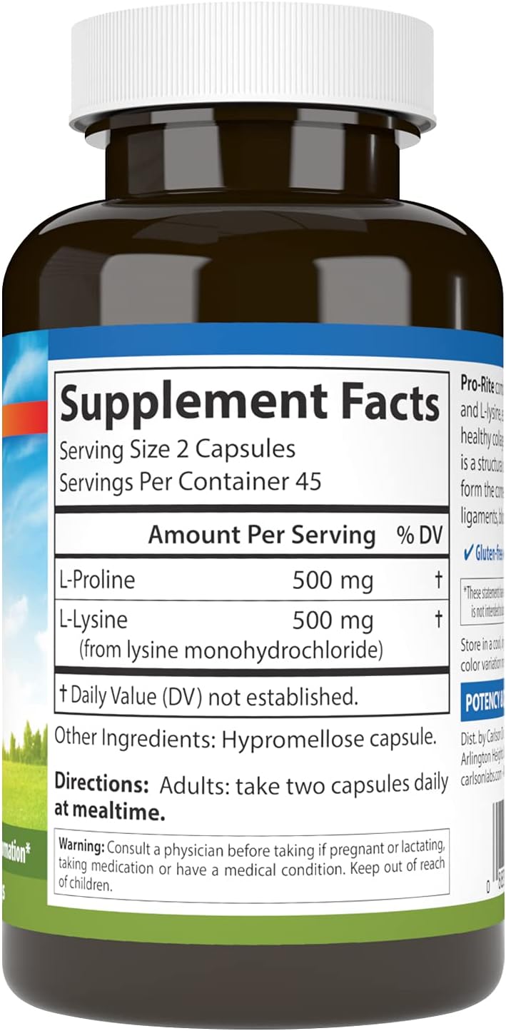 Carlson Pro-Rite Free-Form L-Proline & L-Lysine Capsules for Health, Joint Support & Collagen Formation
