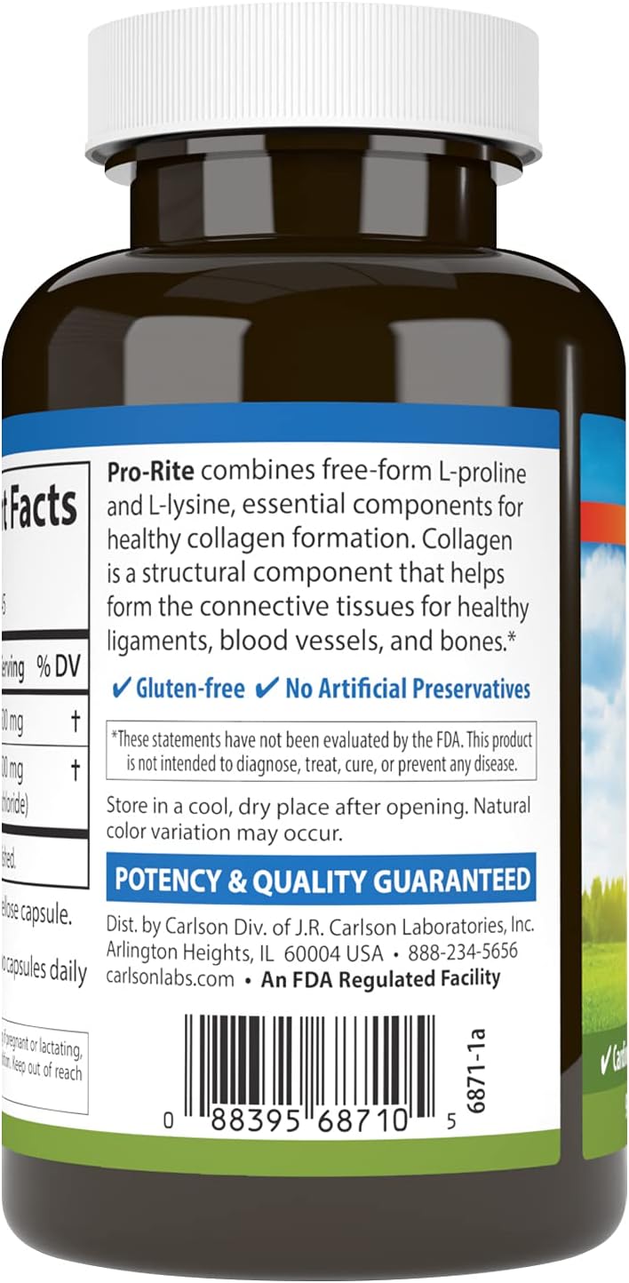 Carlson Pro-Rite Free-Form L-Proline & L-Lysine Capsules for Health, Joint Support & Collagen Formation