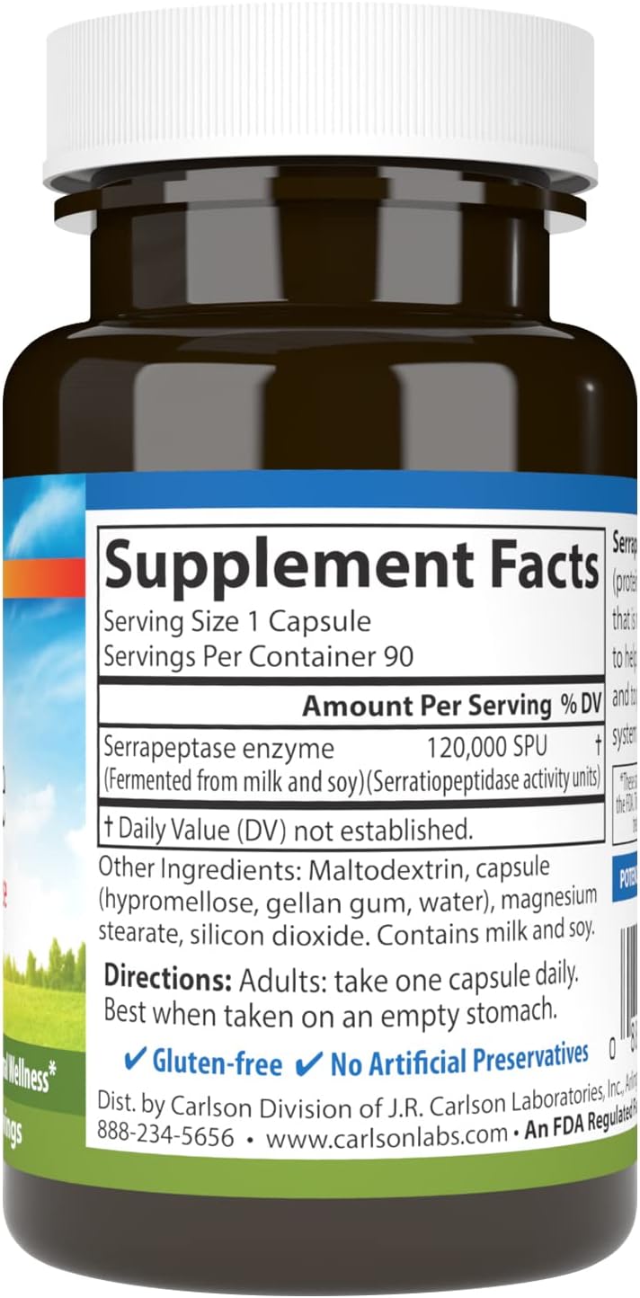 Carlson Serrapeptase 120000 SPUs Delayed Release Immune Support Joint Function Optimal Wellness 90 Vegetarian Capsules