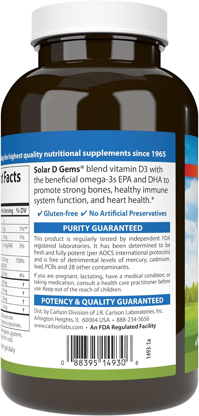 Carlson Solar D Gems Omega-3 Vitamin D3 Supplement 6000 IU Lemon 360 Softgels