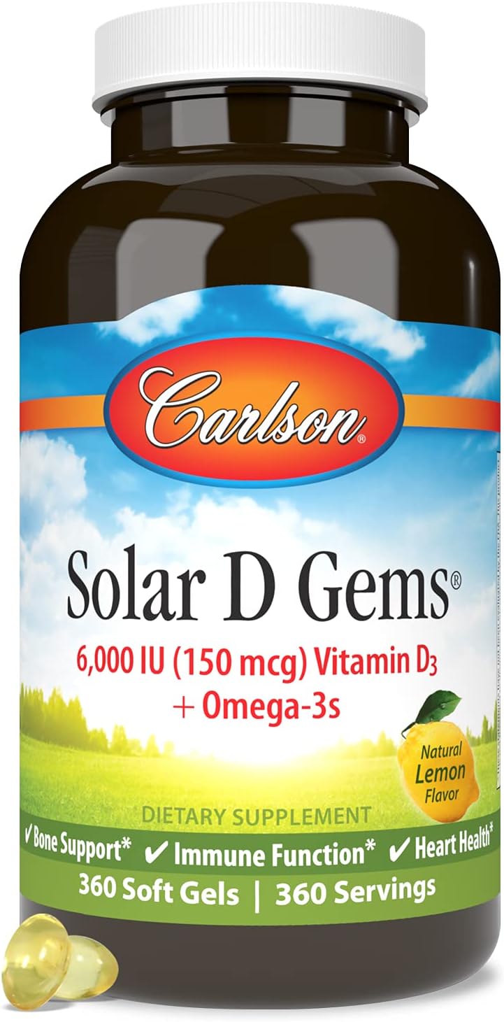 Carlson Solar D Gems Omega-3 Vitamin D3 Supplement 6000 IU Lemon 360 Softgels