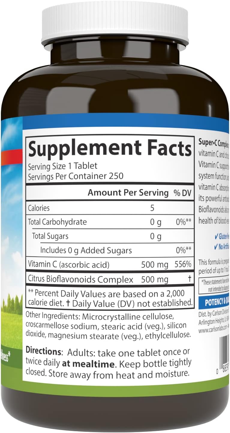 Carlson Super-C Complex: Vitamin C with Bioflavonoids for Immune Support & Antioxidant Protection, 250 Vegetarian Tablets