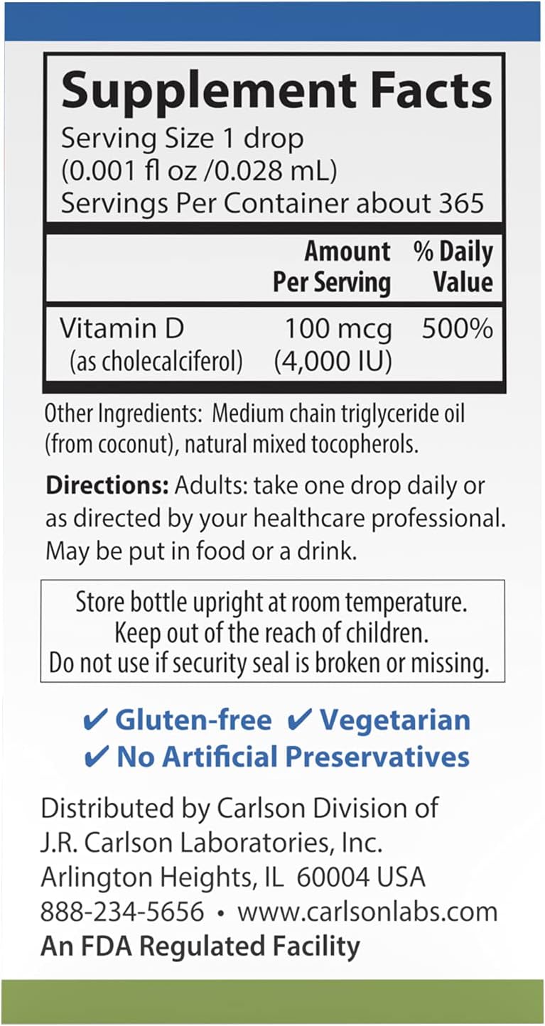 Carlson Super Daily D3 4,000 IU Drops for Heart, Immune, Teeth, and Bone Strength - Unflavored - 365 Drops