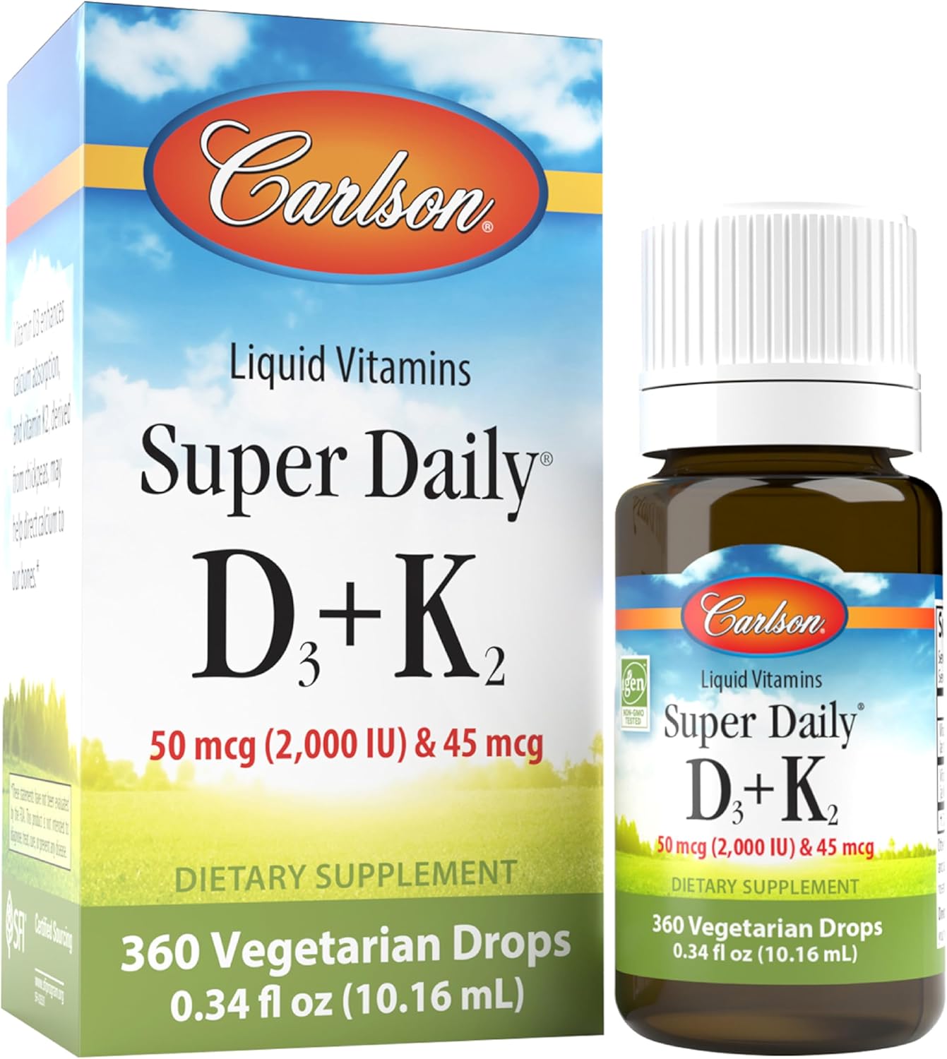 Carlson Super Daily D3 + K2 Liquid Drops for Heart & Bone Health, 50 mcg D3 + 45 mcg MK-7, 360 Drops