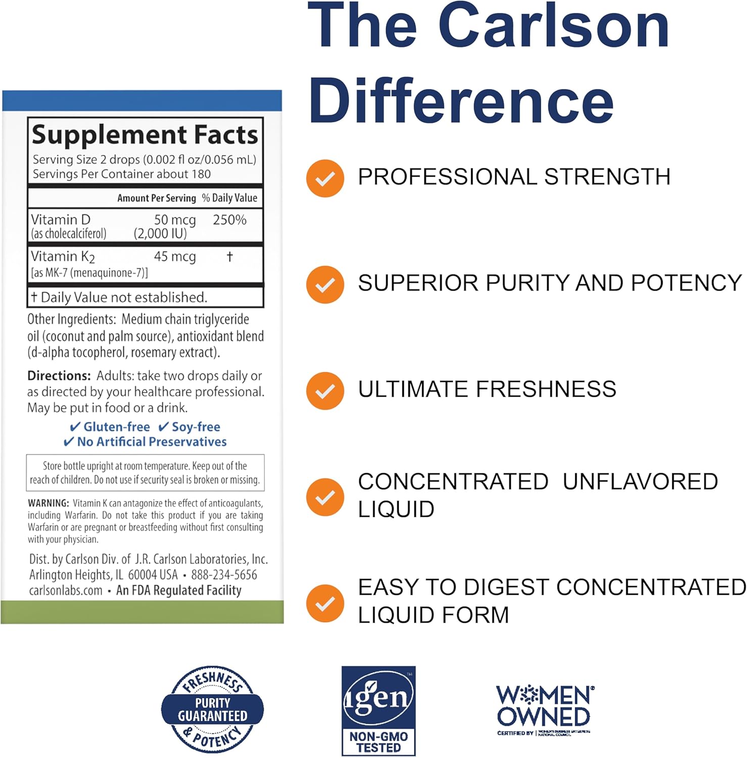 Carlson Super Daily D3 + K2 Liquid Drops for Heart & Bone Health, 50 mcg D3 + 45 mcg MK-7, 360 Drops
