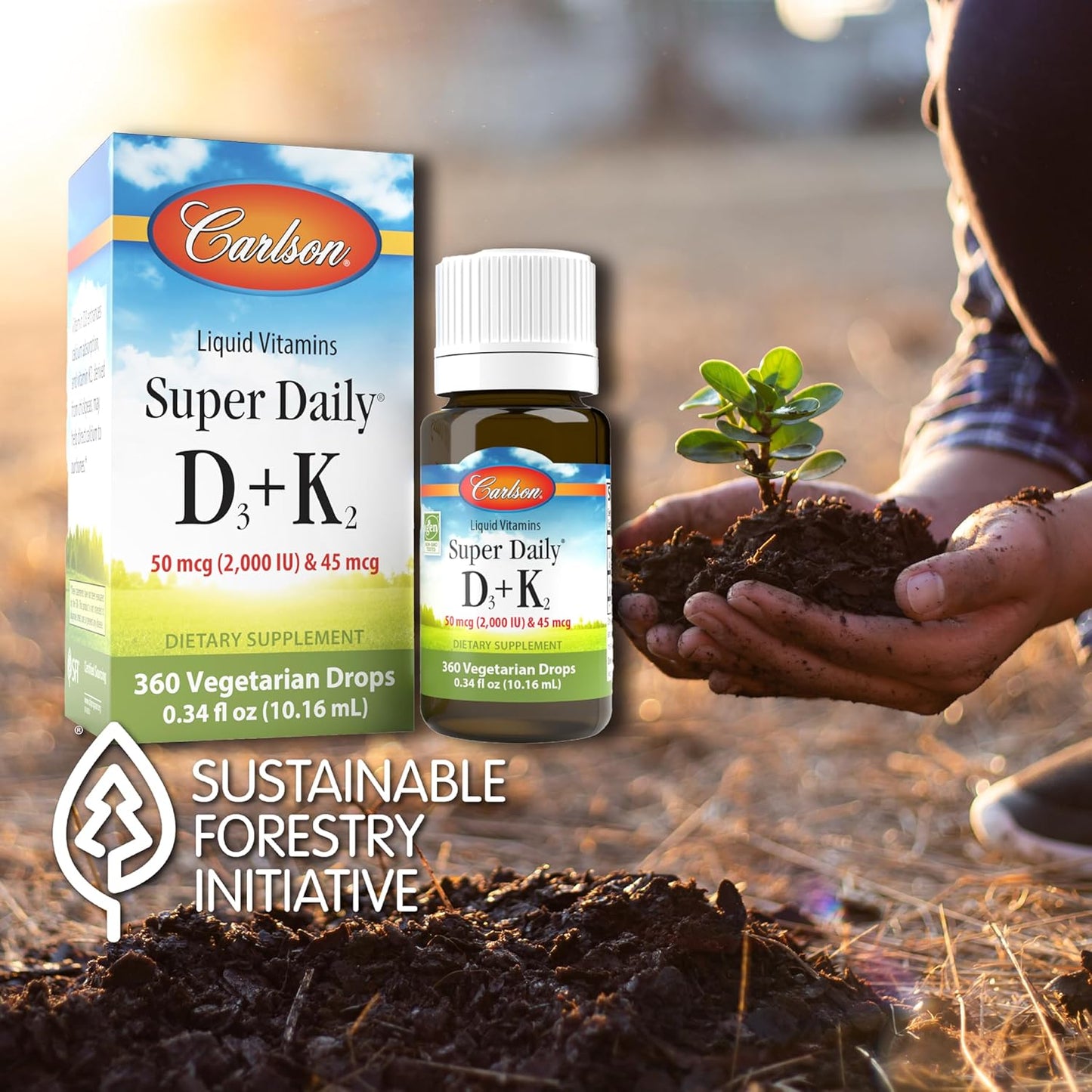 Carlson Super Daily D3 + K2 Liquid Drops for Heart & Bone Health, 50 mcg D3 + 45 mcg MK-7, 360 Drops