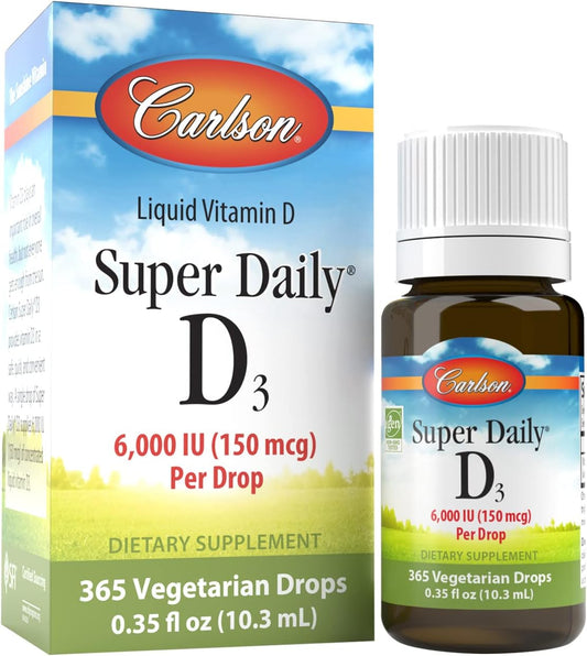 Carlson Super Daily D3 Liquid Vitamin D3 6000 IU - 1 Year Supply - Non-GMO - Unflavored - 365 Vegetarian Drops