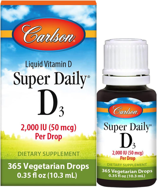 Carlson Super Daily D3 Vitamin D Drops - 2,000 IU per Drop - 1-Year Supply - Heart & Immune Health - Vegetarian - Unflavored - 365 Drops