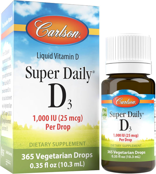 Carlson Super Daily D3 Vitamin D Drops, 1,000 IU per Drop, 1-Year Supply, Liquid D3 for Heart & Immune Health, Vegetarian Formula - Unflavored