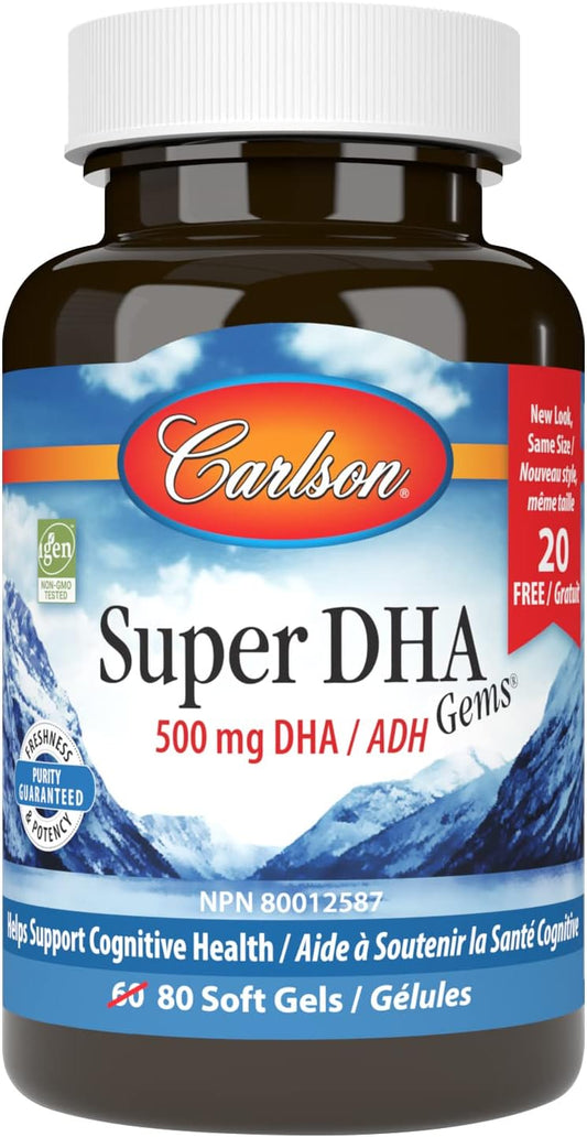 Carlson Super DHA Gems: 500mg DHA, 640mg Fatty Acids, Norwegian Arctic Fish Oil, 80 Softgels - BoostGo Australia