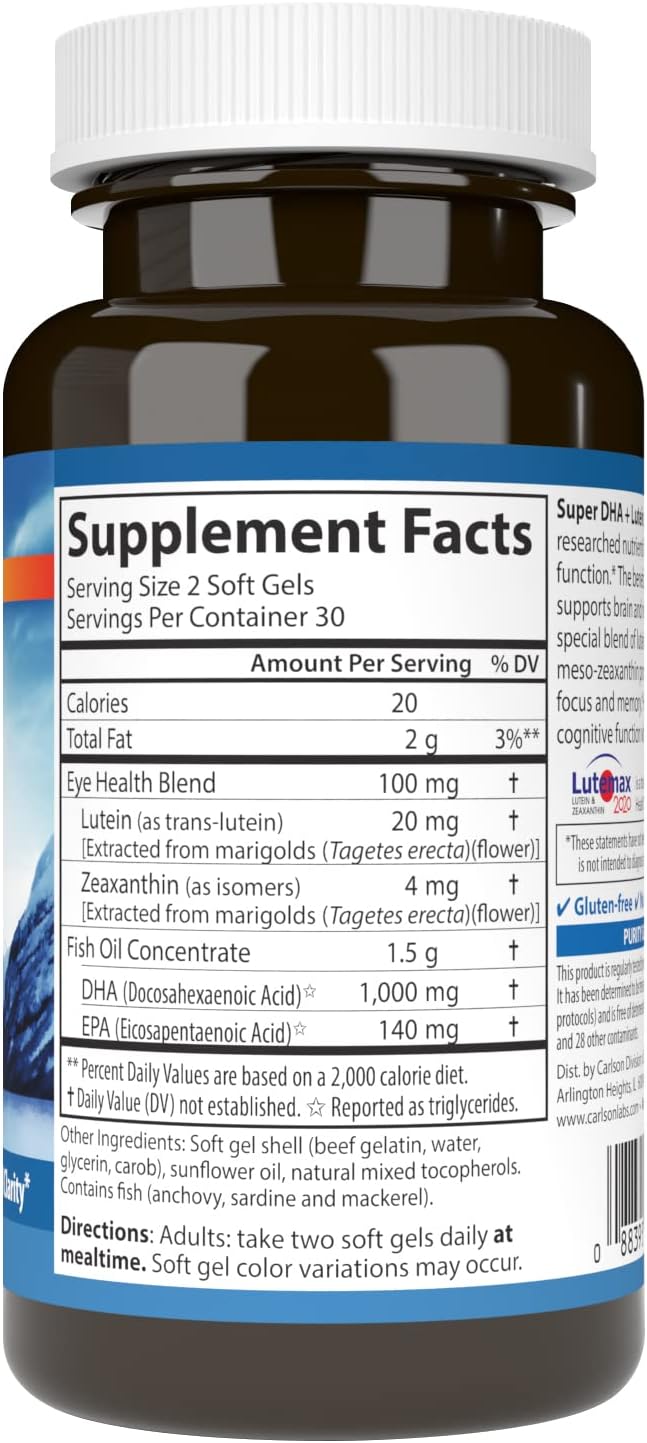 Carlson Super DHA Plus Lutein Softgels - 1000mg DHA + 20mg Lutein - 60 Count