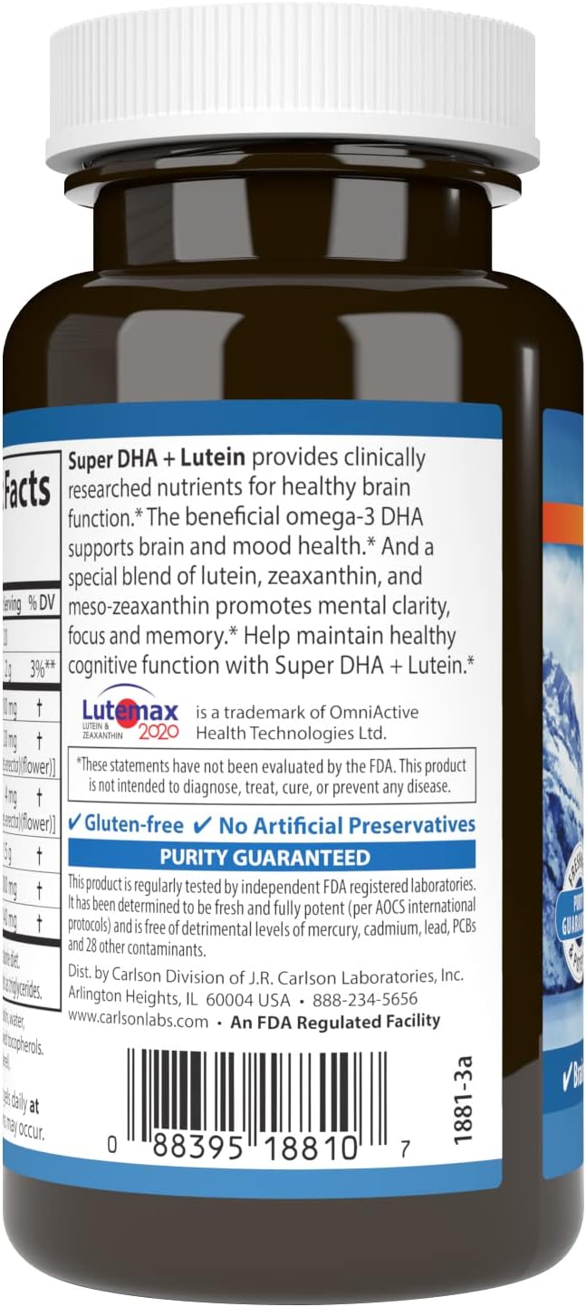 Carlson Super DHA Plus Lutein Softgels - 1000mg DHA + 20mg Lutein - 60 Count