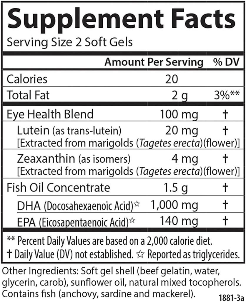 Carlson Super DHA Plus Lutein Softgels - 1000mg DHA + 20mg Lutein - 60 Count