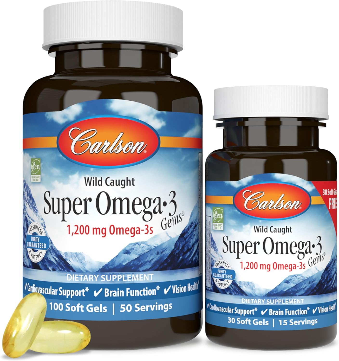 Carlson Super Omega-3 Gems: 1200mg EPA & DHA, Wild-Caught Norwegian Fish Oil Capsules, 100+30 Softgels