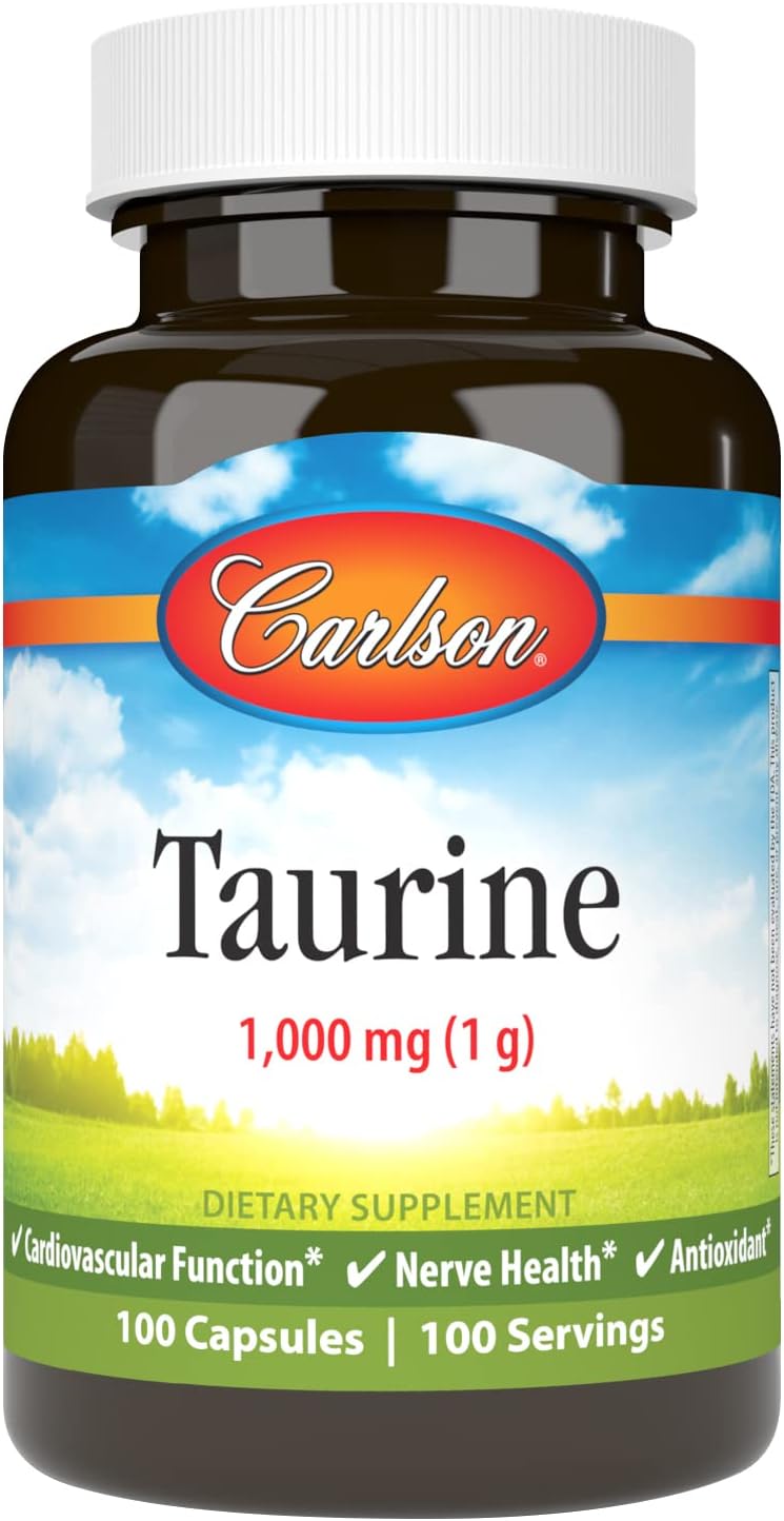 Carlson Taurine Capsules for Nerve Health and Muscle Function - Free-Form Amino Acid Supplement - 100 Count