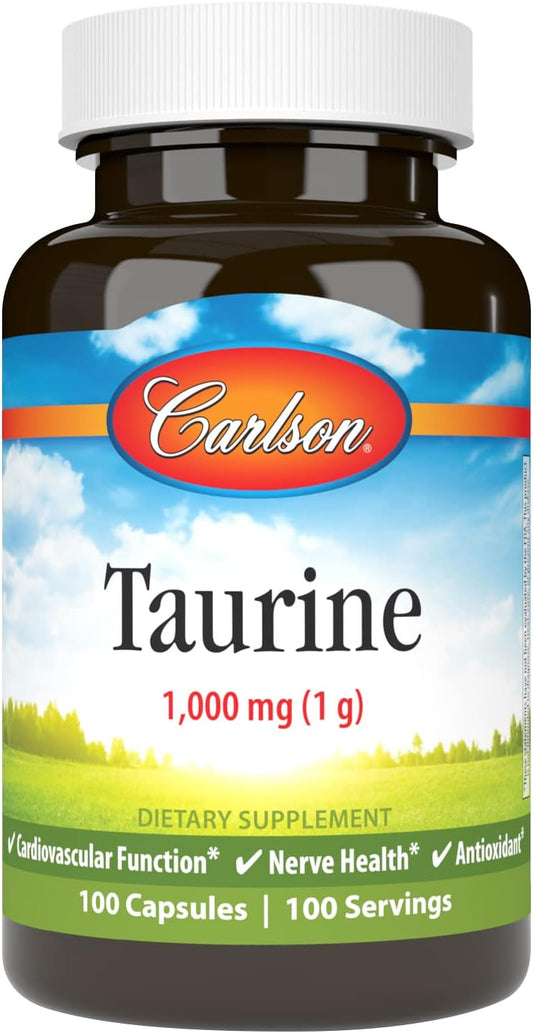 Carlson Taurine Capsules for Nerve Health and Muscle Function - Free-Form Amino Acid Supplement - 100 Count