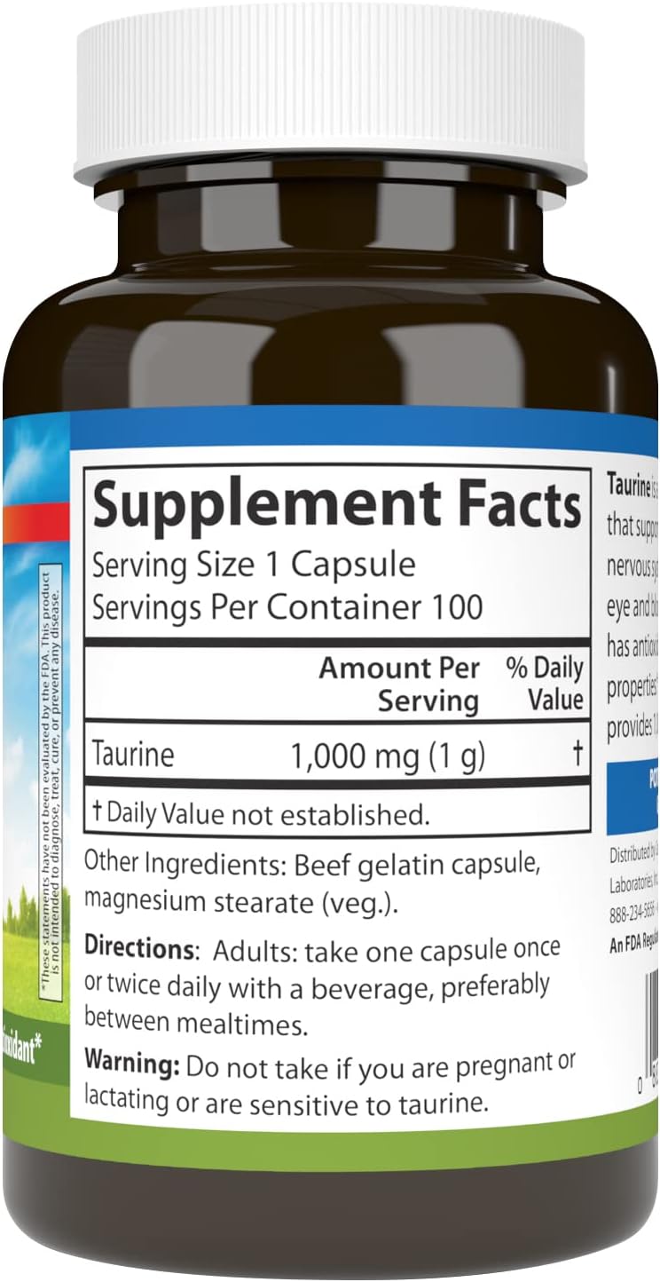 Carlson Taurine Capsules for Nerve Health and Muscle Function - Free-Form Amino Acid Supplement - 100 Count