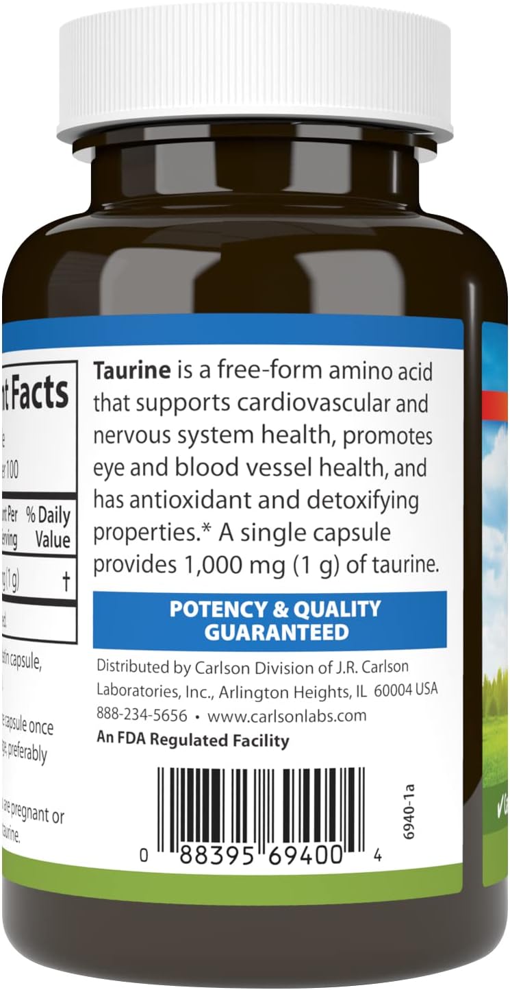 Carlson Taurine Capsules for Nerve Health and Muscle Function - Free-Form Amino Acid Supplement - 100 Count