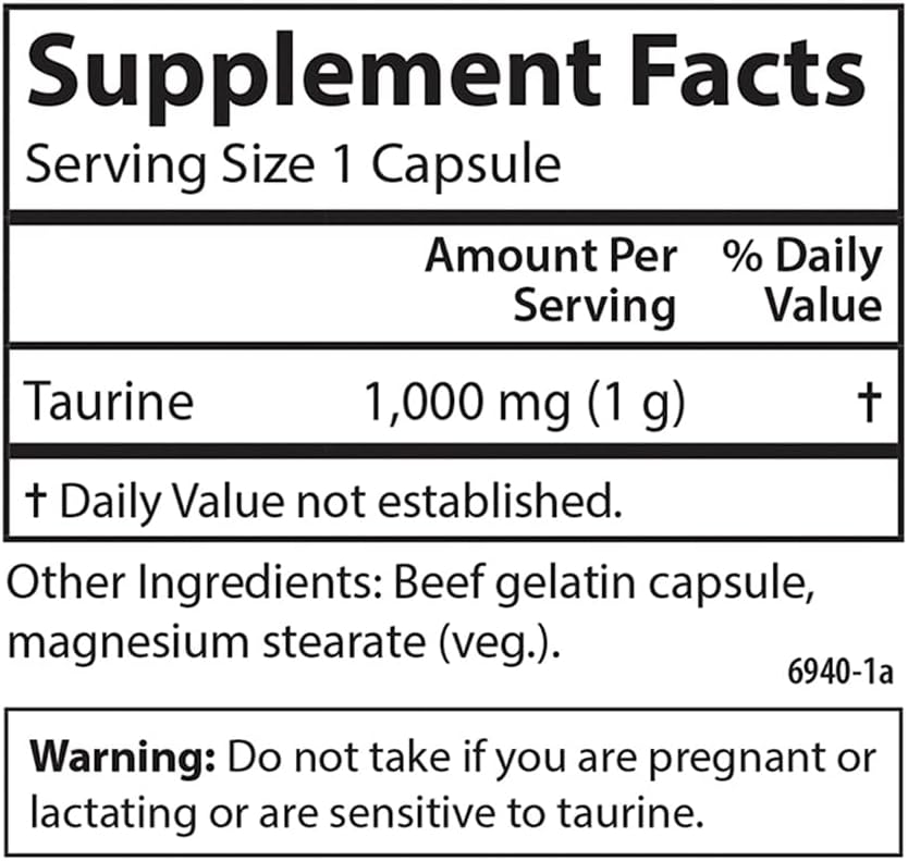 Carlson Taurine Capsules for Nerve Health and Muscle Function - Free-Form Amino Acid Supplement - 100 Count